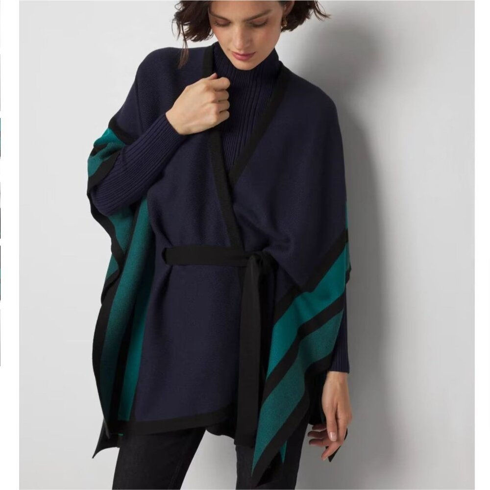 NWT White House Black Market Color Block Ruana Sweater Cardigan Wrap O/S Belted